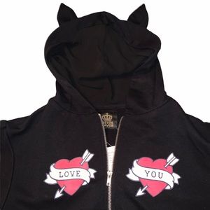 Listen Flavor Love You Heart Print Cat Ear Short Sleeve Zip Up Hoodie